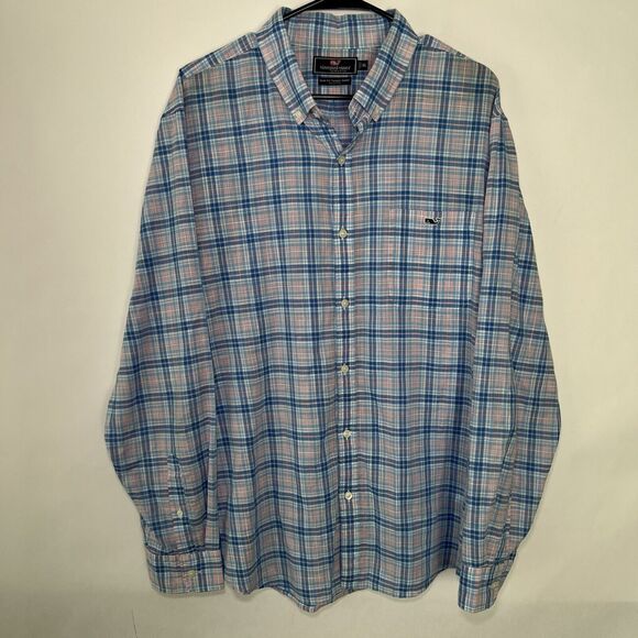 Vineyard Vines Button Down Slim Fit Tucker Shirt Mens Size XL Blue Pink Plaid - Picture 1 of 8